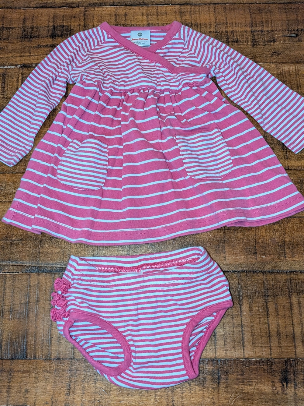 Hanna Andersson Pink & White Striped Dress with Matching Bloomers, 60, 3-6m